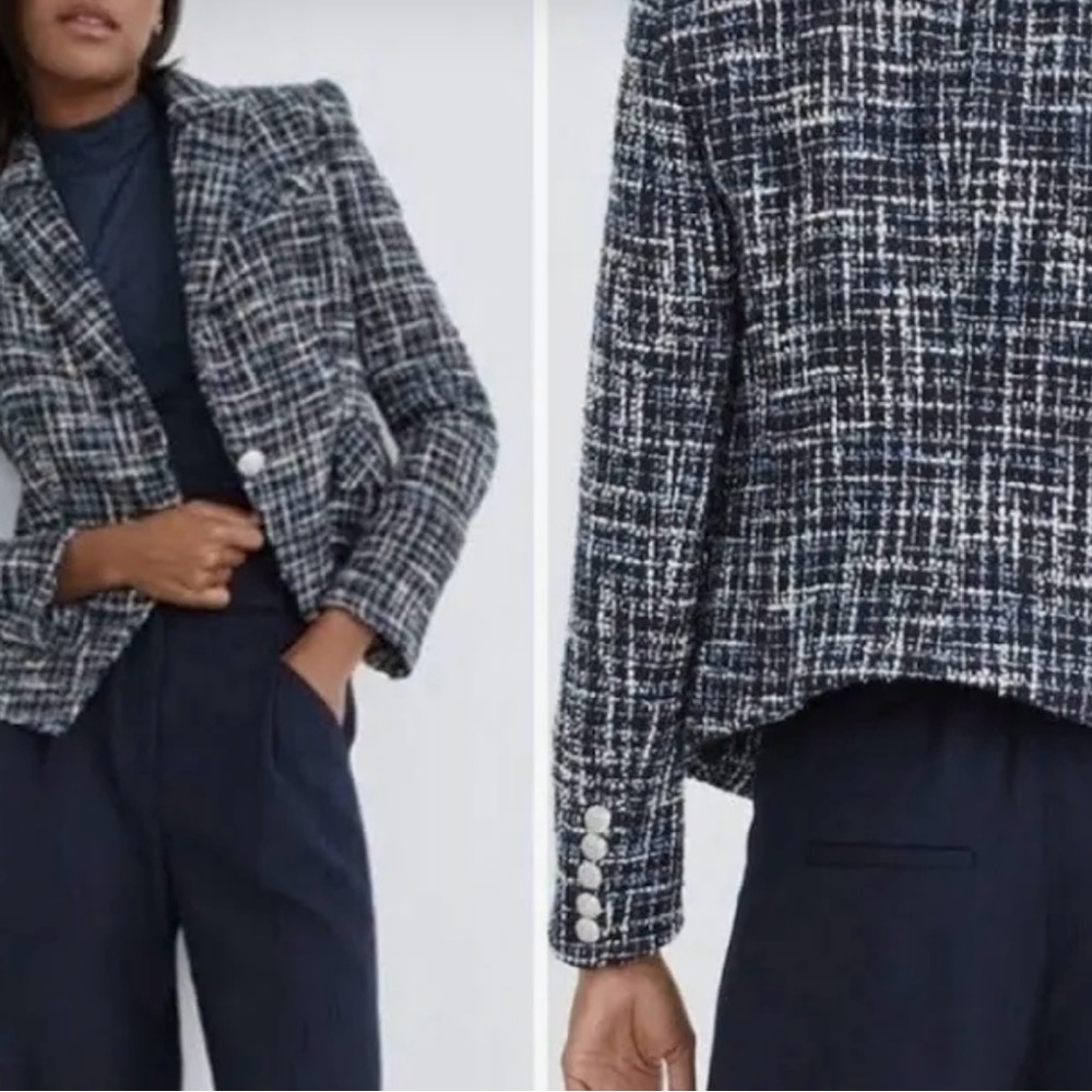 VERONICA BEARD Women's Black Blue White Hosanna Tweed Dickey Blazer Sz 10 NWT